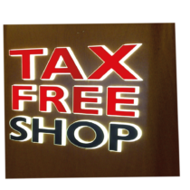 Caisson lumineux "TAX FREE SHOP" avec les lettres en relief de 23mm en Plexiglas blanc et des Plexiglas opaques rouge et noir sur les faces des lettres